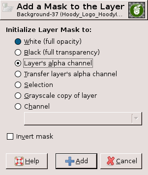 Screenshot 4 Gimp: Die Maske Alpha Kanal der Ebene wird der Ebene hinzugefügt